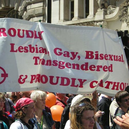 A homosexual pride sign carried by Catholics